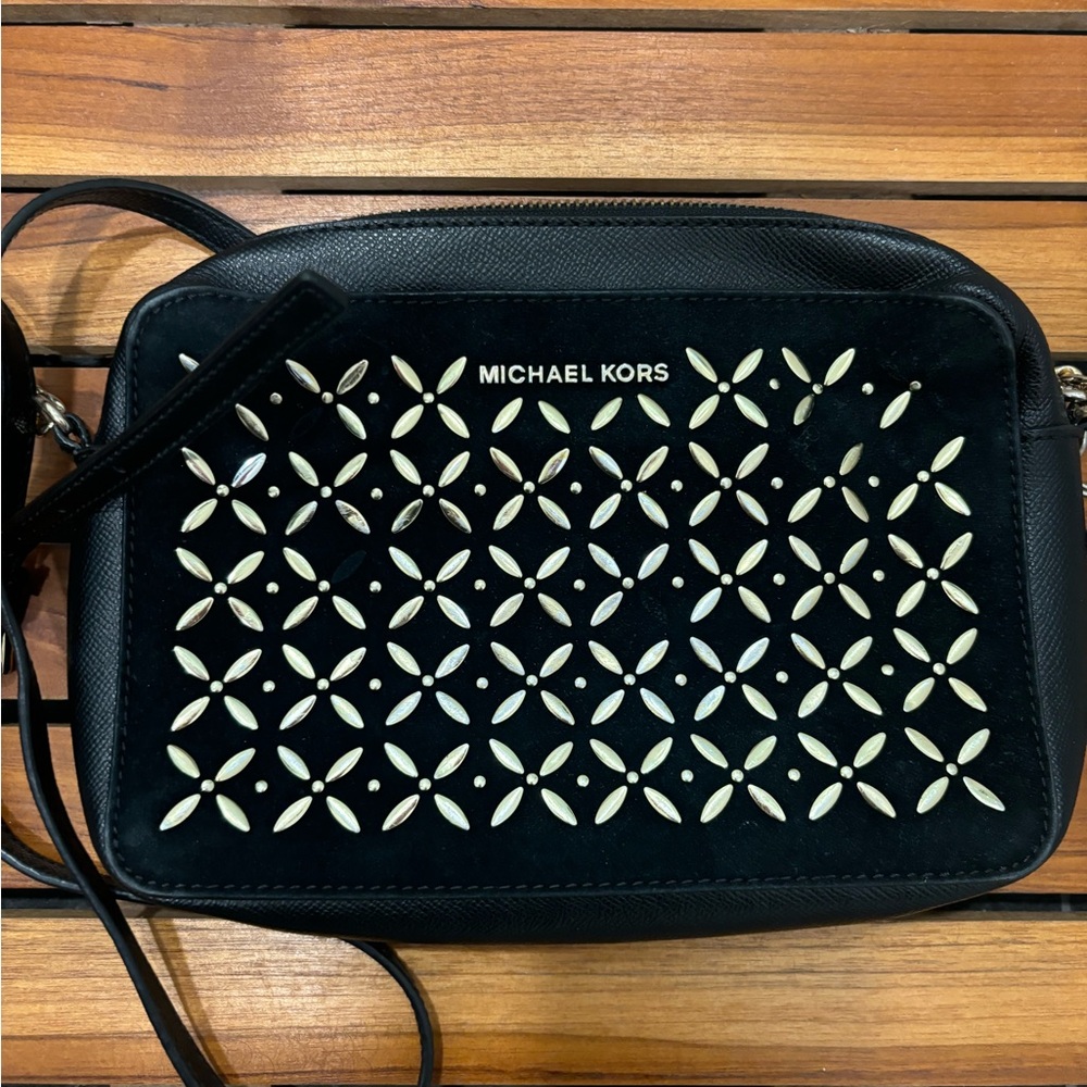 Michael Kors Black suede and metal Geometric Crossbody Bag
